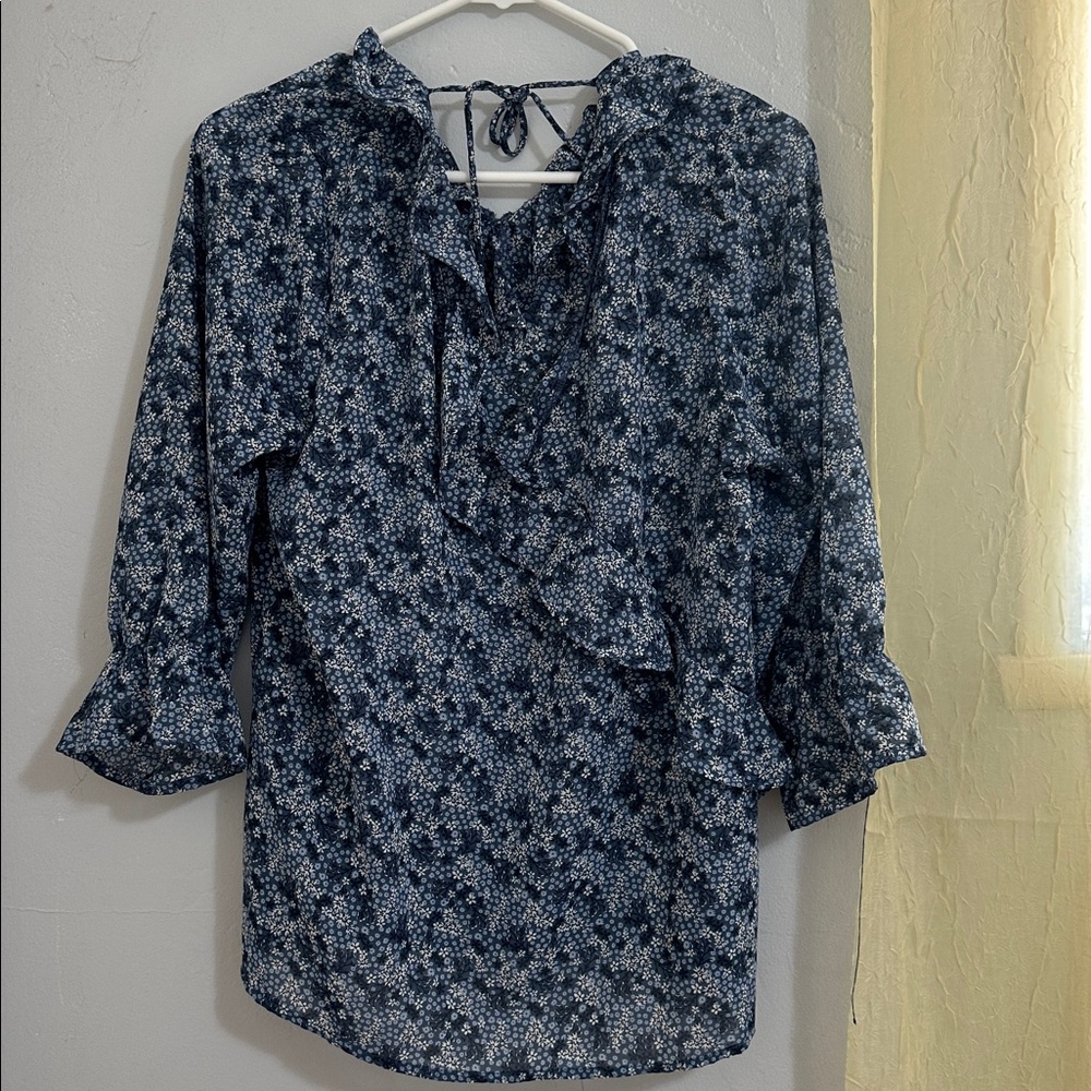 Bobeau Navy Floral Tie-Neck Top